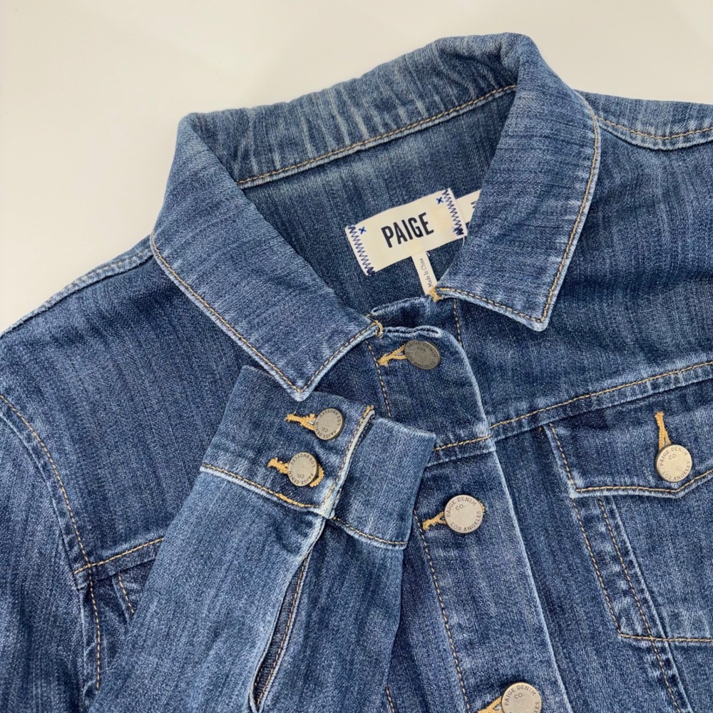 PAIGE Women Blue Denim Trucker Jacket Dark Wash Stretch Size M